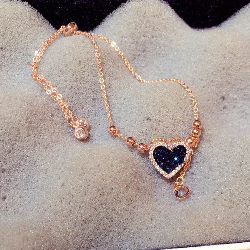 New Rose Gold Plated Blue Heart Drop Halo Bead Bracelet - Picture 2 of 7